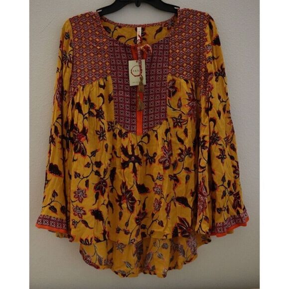 Raga R3872 Women's Sz 2 Mustard V-Neck Crinkle Woven Boho Babydoll Top - Picture 1 of 9